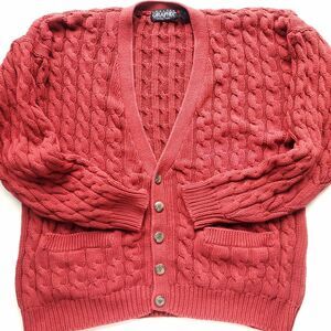 Vintage Cable Knit Cardigan Sweater Mens XL Red Cotton Chunky Fisherman Grandpa